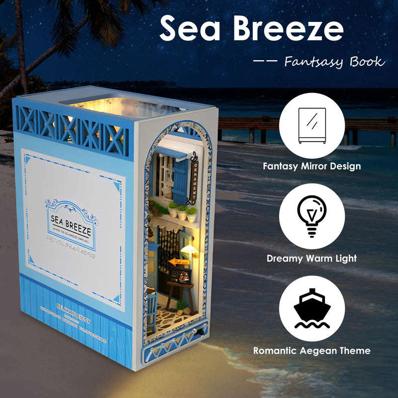 Sea Breeze Book Nook – DIY Miniature Mediterranean Bookstore with LED Lights - PuzzleWood