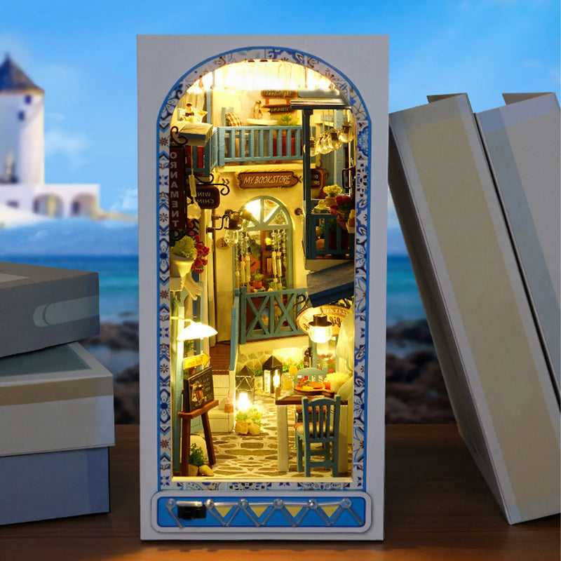 Sea Breeze Book Nook – DIY Miniature Mediterranean Bookstore with LED Lights - PuzzleWood