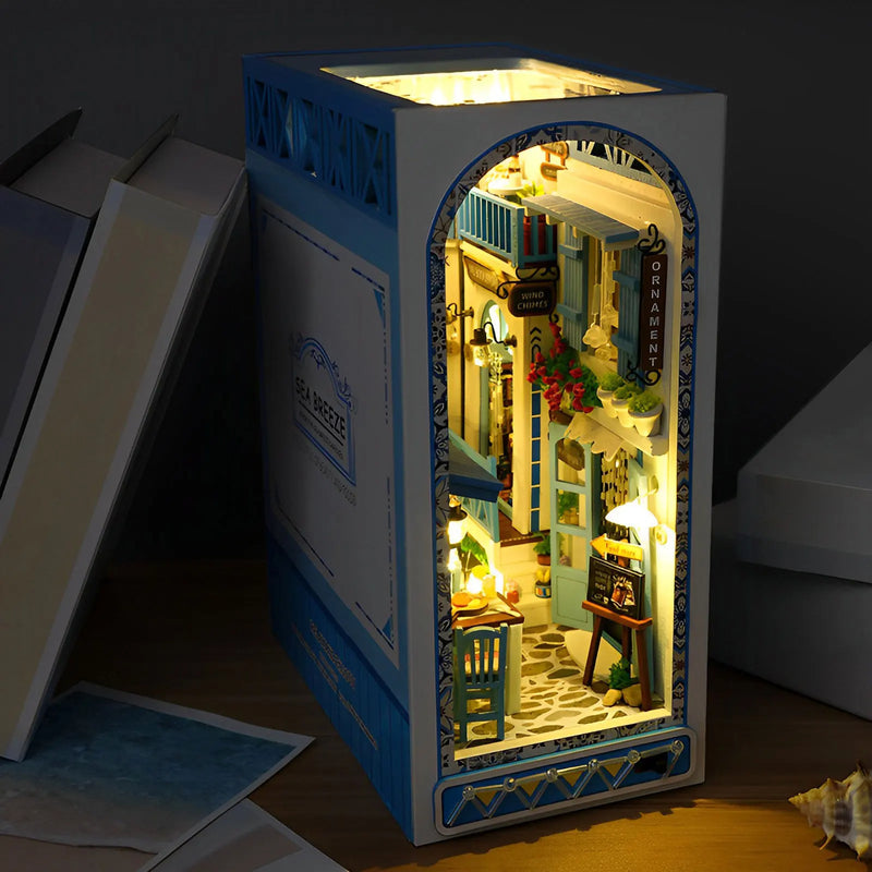 Sea Breeze Book Nook – DIY Miniature Mediterranean Bookstore with LED Lights - PuzzleWood