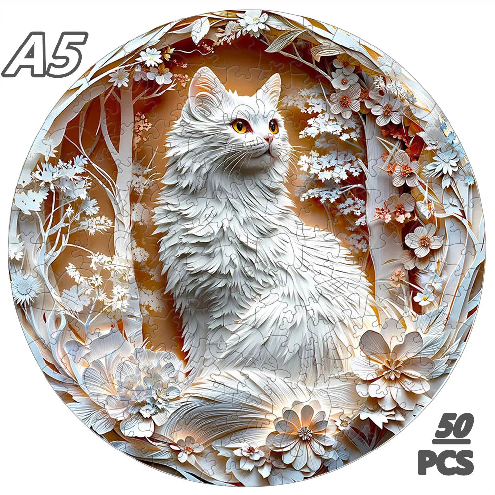 Majestic White Cat Wooden Puzzle - PuzzleWood