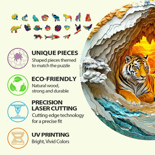 Majestic Tiger Wooden Puzzle – 3D Layered Nature Scene - PuzzleWood