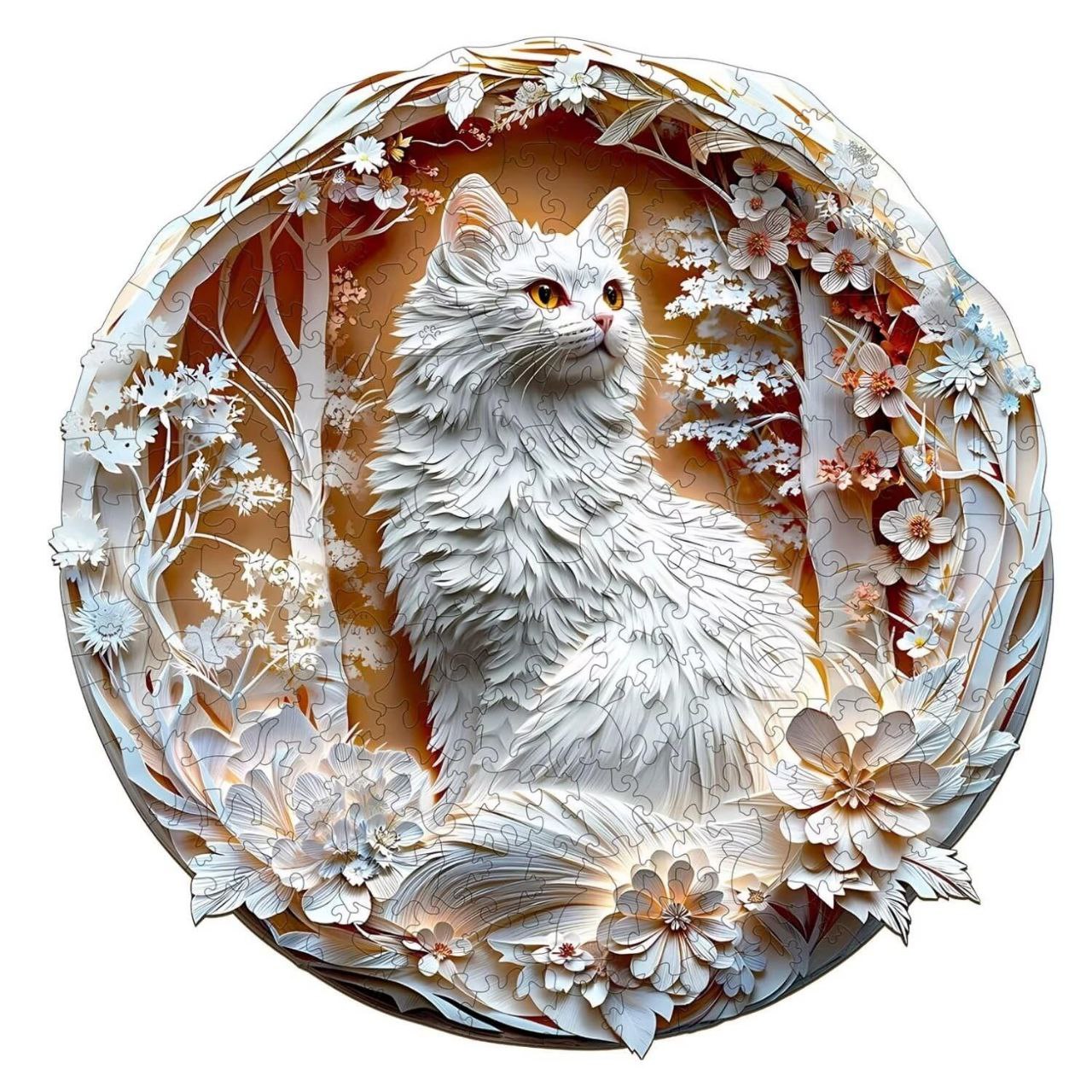 Majestic White Cat Wooden Puzzle - PuzzleWood