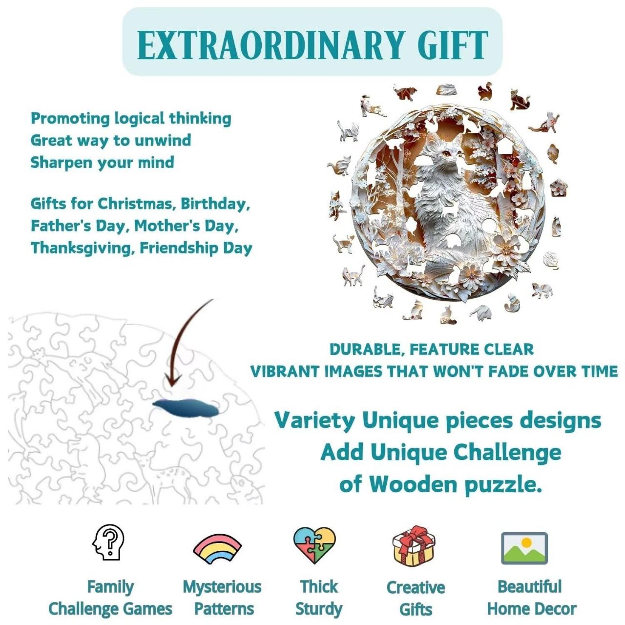 Majestic White Cat Wooden Puzzle - PuzzleWood