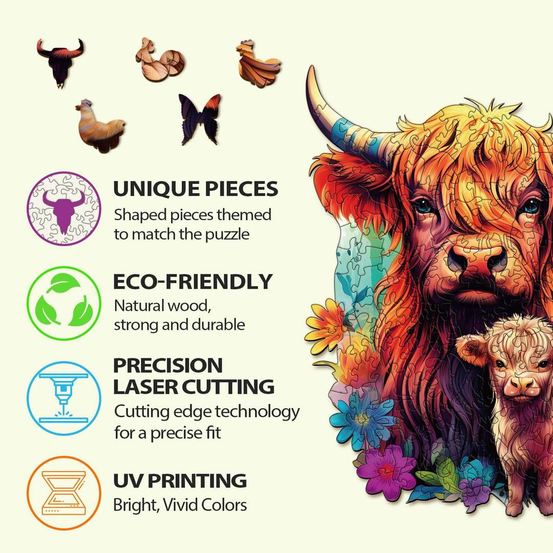 Highland Cow Family Wooden Puzzle - PuzzleWood