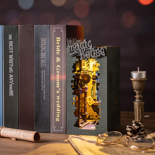 Magic House Book Nook – DIY Wooden Bookshelf Insert Kit with LED Lights - PuzzleWood